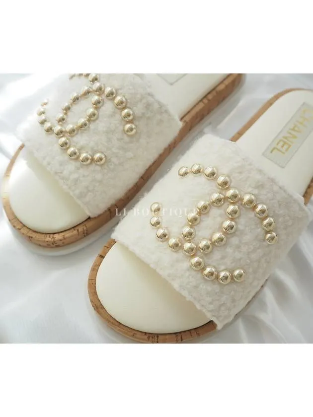 24 CC Logo Pearl Tweed Slippers Mule Ivory G45575