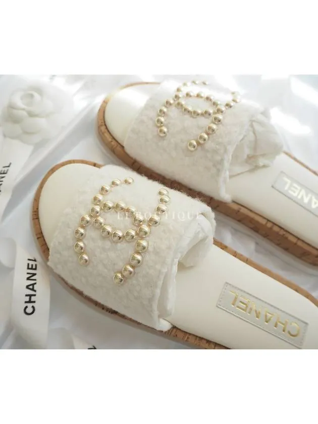 24 CC Logo Pearl Tweed Slippers Mule Ivory G45575