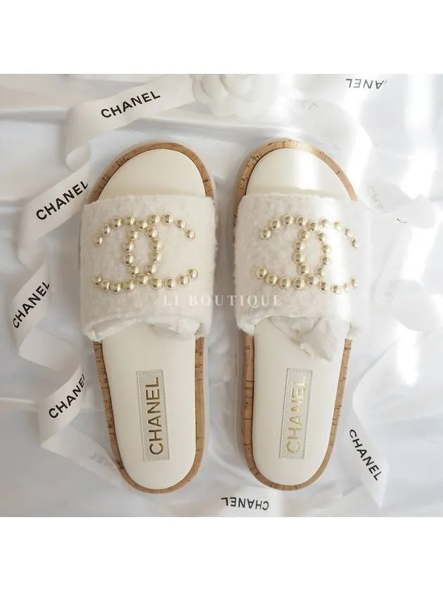 24 CC Logo Pearl Tweed Slippers Mule Ivory G45575