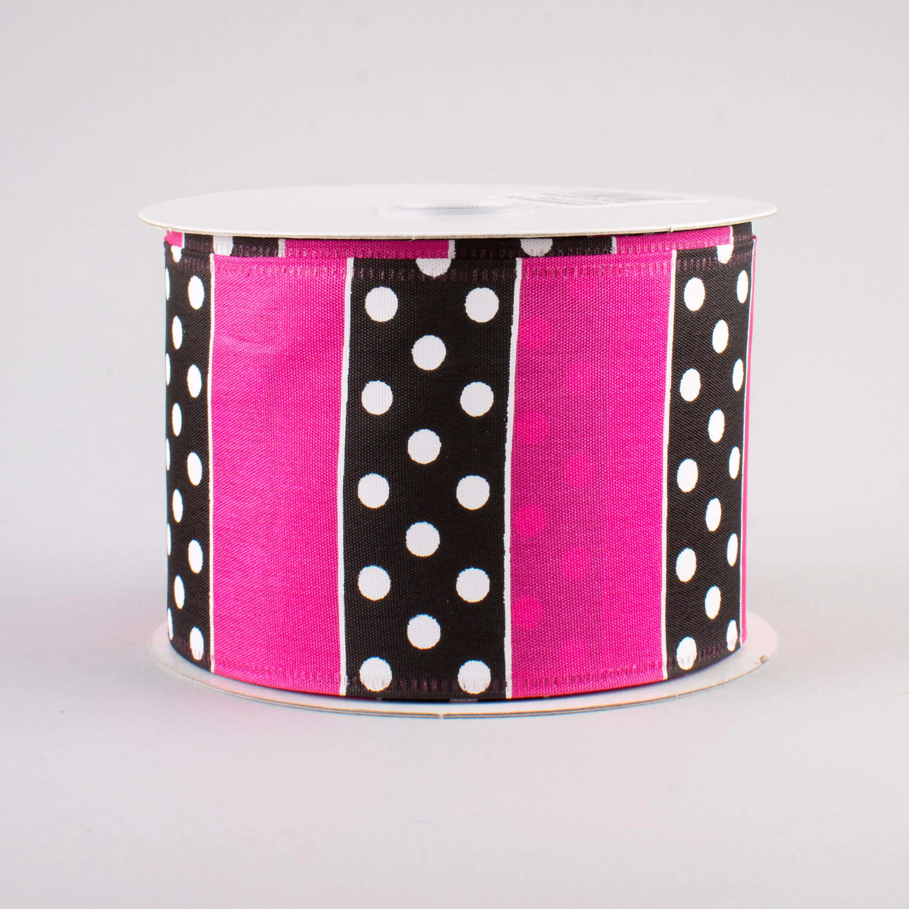 2.5" B & W Polka Dot Stripes Ribbon: Pink (10 Yards)