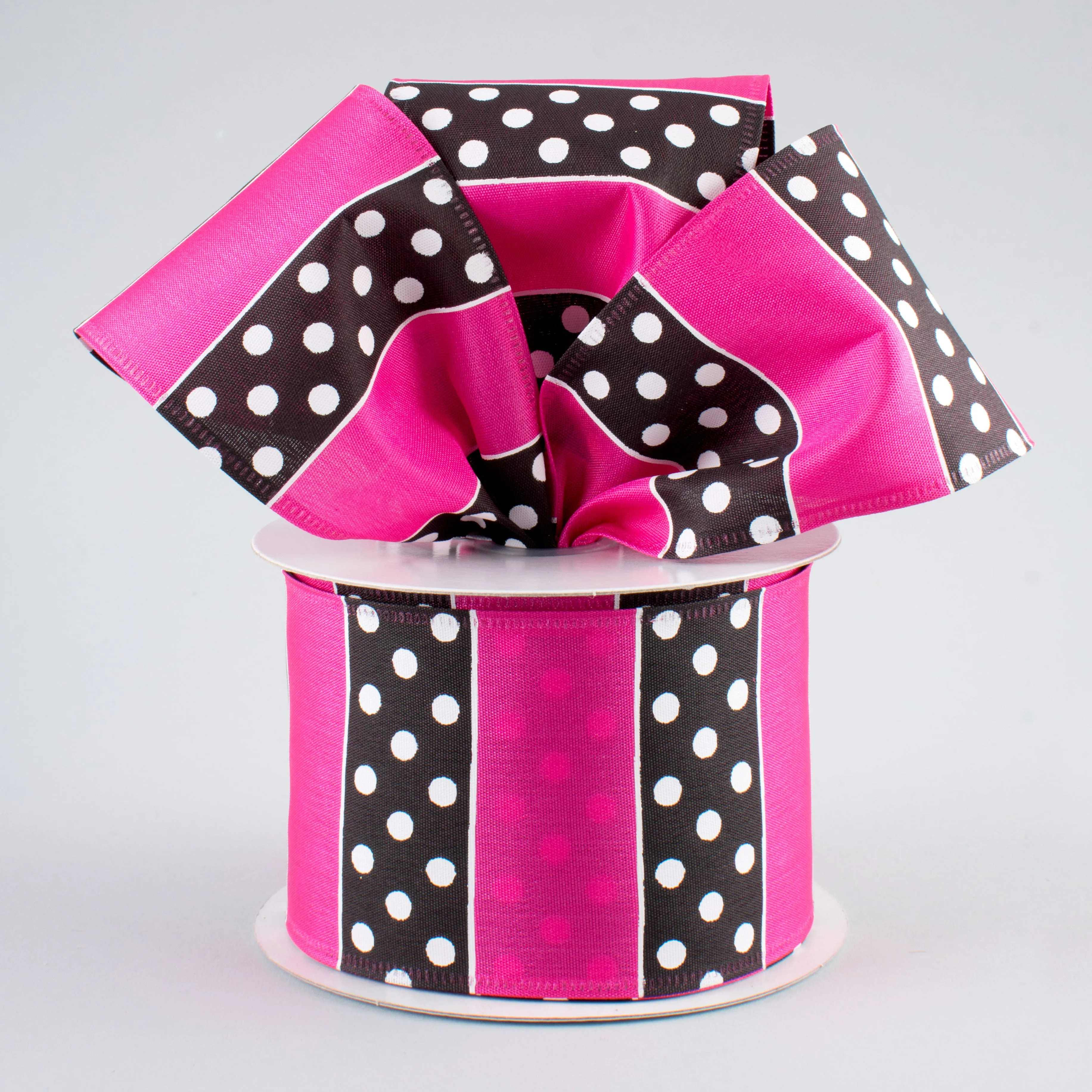2.5" B & W Polka Dot Stripes Ribbon: Pink (10 Yards)