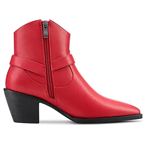 Aachcol Women Ankle Boots Short Bootie Square Toe Low Kitten Chunky Block Heel Western Cowboy Cowgirl Matte Zipper Dress Shoes Red 2.5 Inch