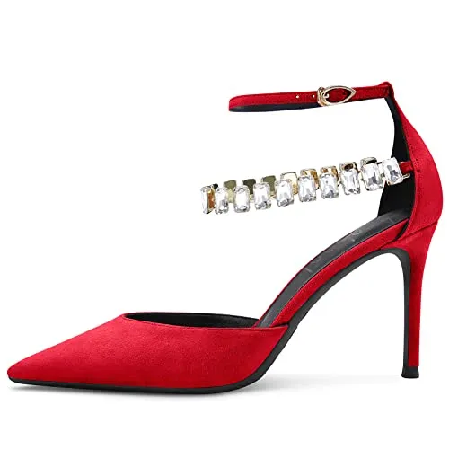 Aachcol Women Sexy Ankle Strap Stiletto High Heel Pumps Pointed Toe Dress Shoes Party Wedding Suede Red 3 Inch