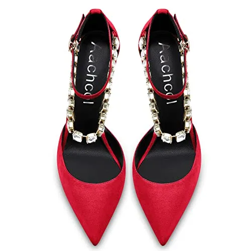 Aachcol Women Sexy Ankle Strap Stiletto High Heel Pumps Pointed Toe Dress Shoes Party Wedding Suede Red 3 Inch