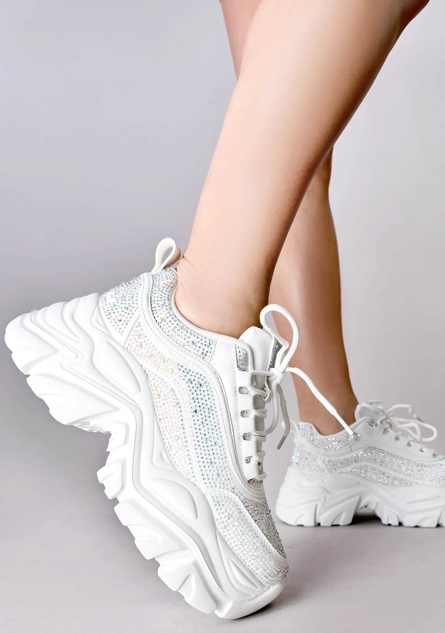 DALE Disco Diamond Rhinestone White Platform Sneakers