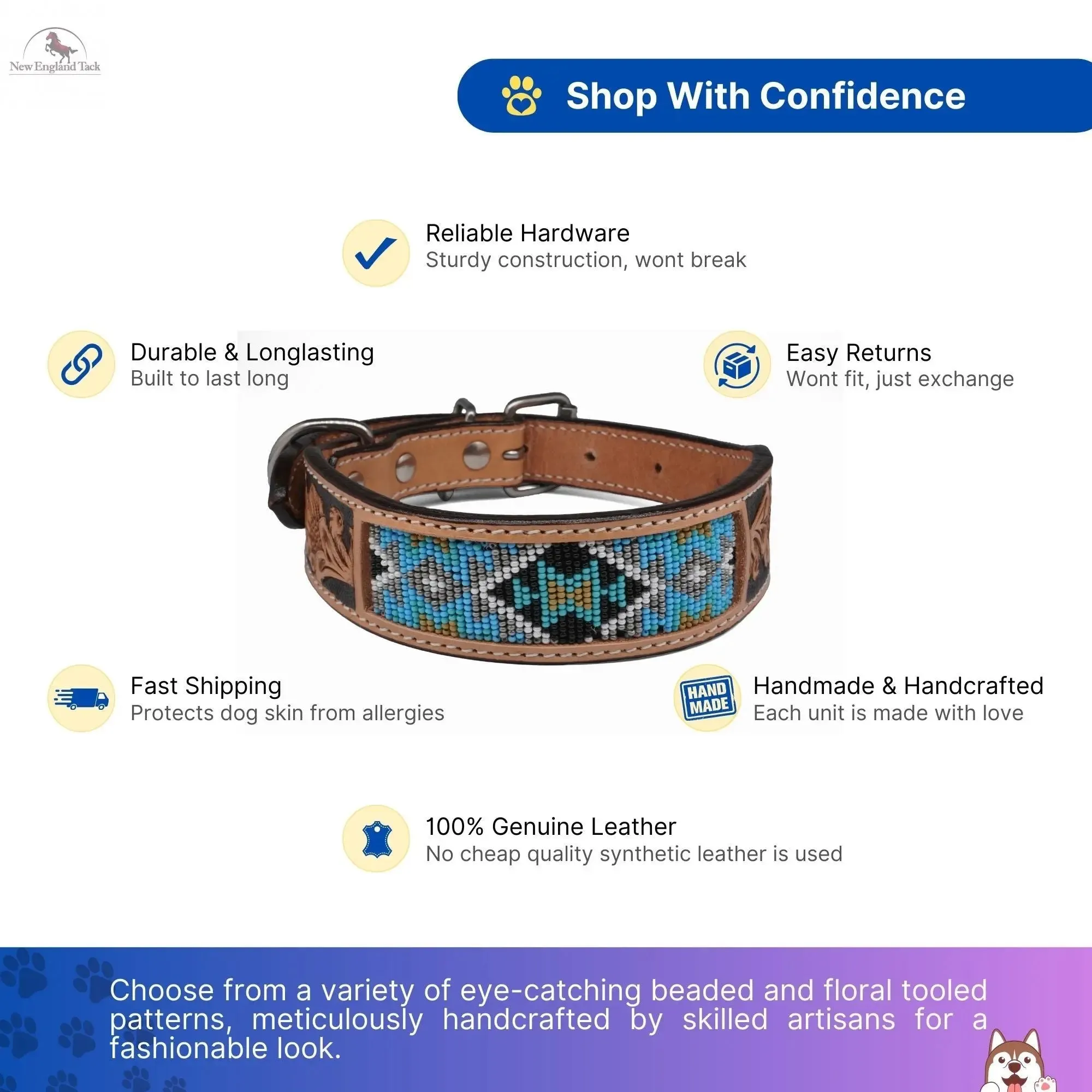 Handcrafted Argentinian Leather Dog Collar with Floral Tooling - Premium Quality