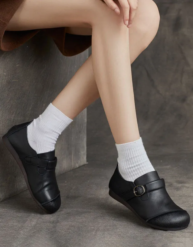 Round Head Handmade Soft Leather Retro Flat Shoes