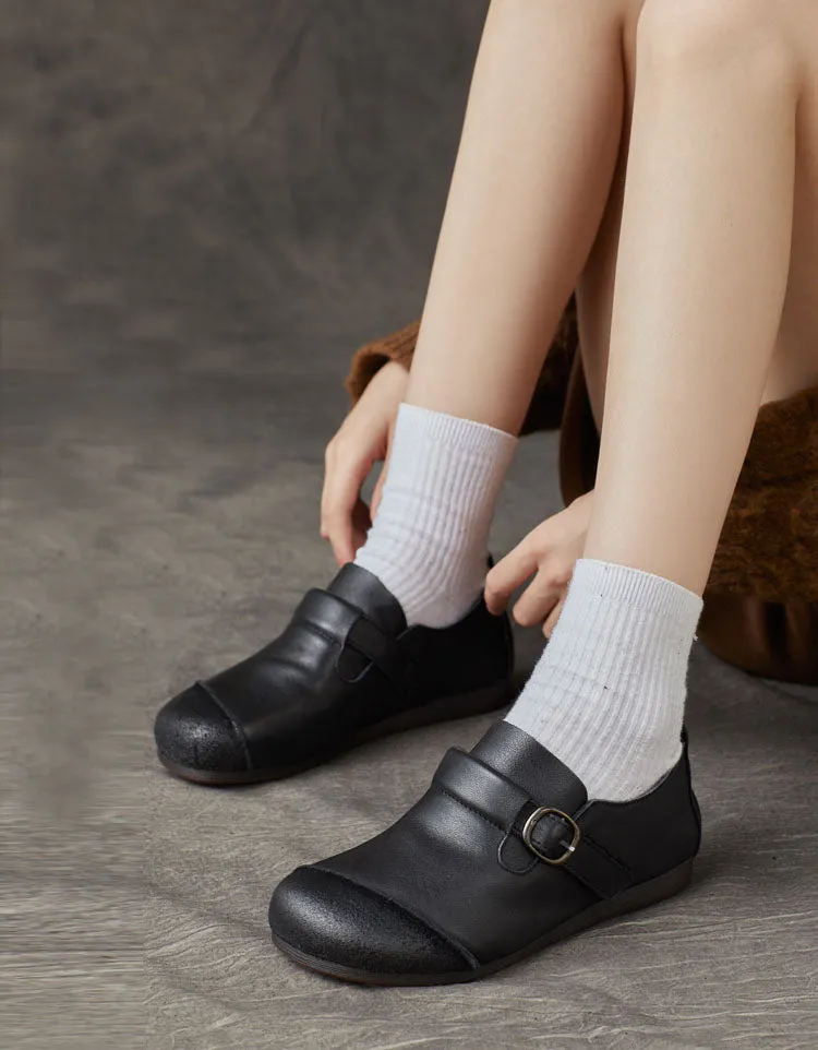 Round Head Handmade Soft Leather Retro Flat Shoes