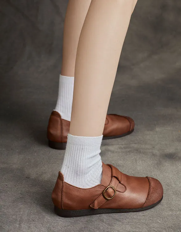 Round Head Handmade Soft Leather Retro Flat Shoes