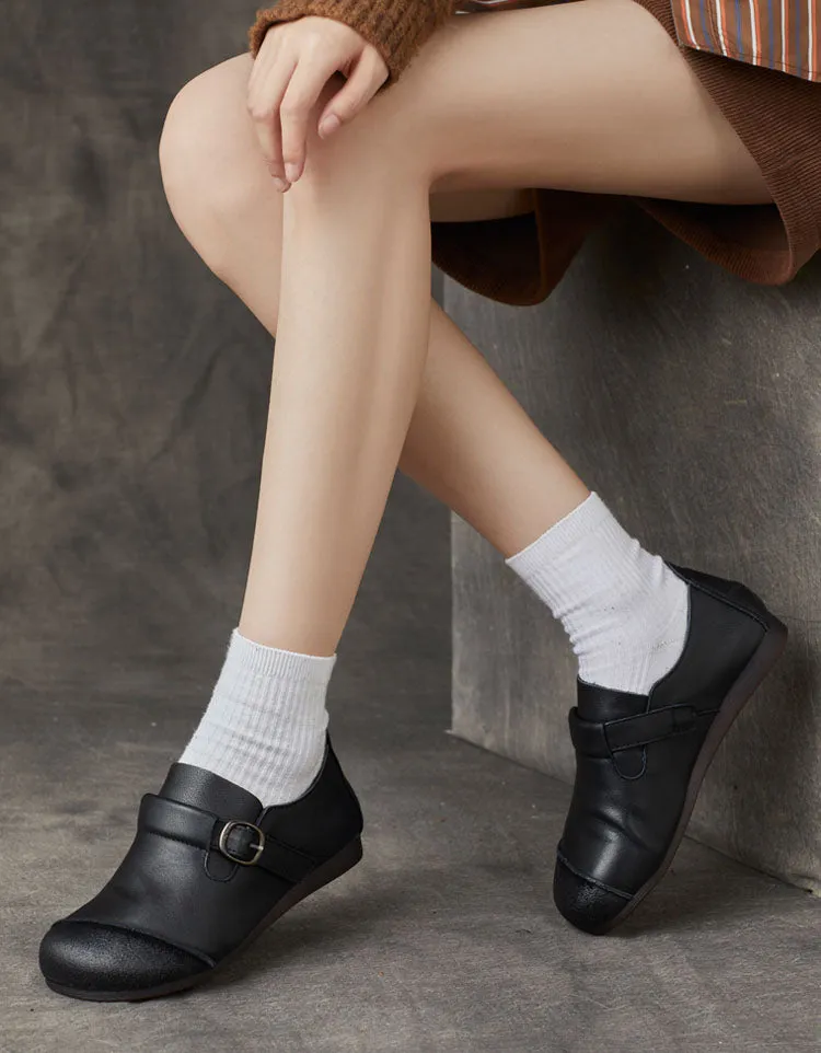 Round Head Handmade Soft Leather Retro Flat Shoes