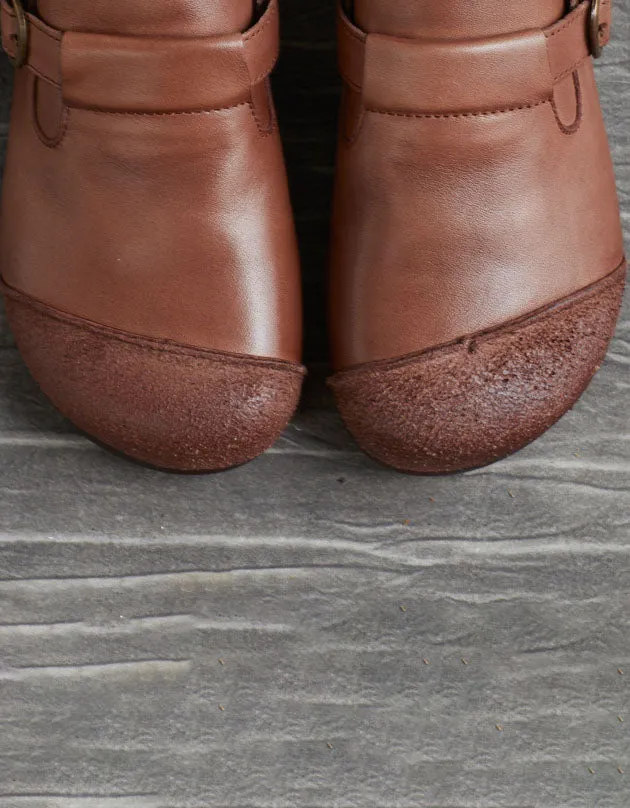 Round Head Handmade Soft Leather Retro Flat Shoes